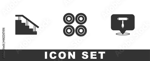 Set Skateboard stairs with rail, wheel and T tool icon. Vector