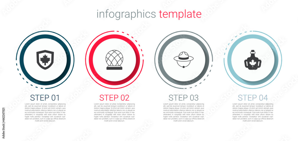 Set Canada flag on shield, Montreal Biosphere, Canadian ranger hat and Bottle of maple syrup. Business infographic template. Vector Set Canada flag on shield, Montreal Biosphere, Canadian ranger hat and Bottle of maple syrup. Business infographic template. Vector