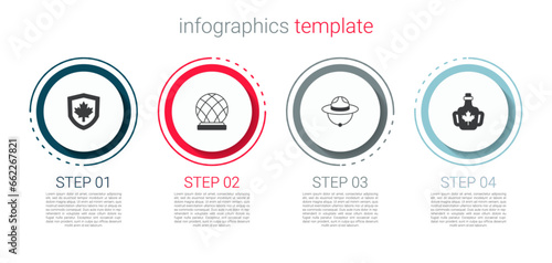 Set Canada flag on shield, Montreal Biosphere, Canadian ranger hat and Bottle of maple syrup. Business infographic template. Vector