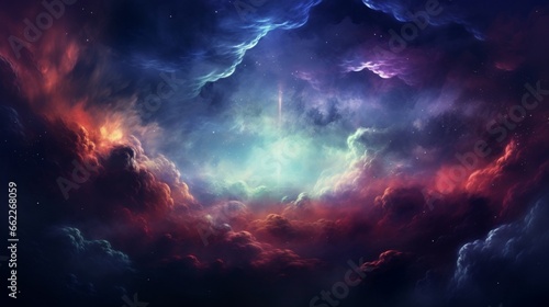 Produce an abstract portrayal of a distant nebula, filled with ethereal colors and celestial wonders.