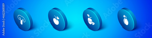 Set Isometric Mushroom, Healthy fruit, Plum and Peach or nectarine icon. Vector