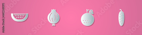 Set paper cut Watermelon, Garlic, Orange fruit and Cucumber icon. Paper art style. Vector