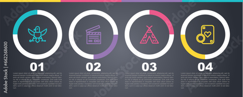 Set line Eagle, Movie clapper, Indian teepee or wigwam and Casino chip and playing cards. Business infographic template. Vector