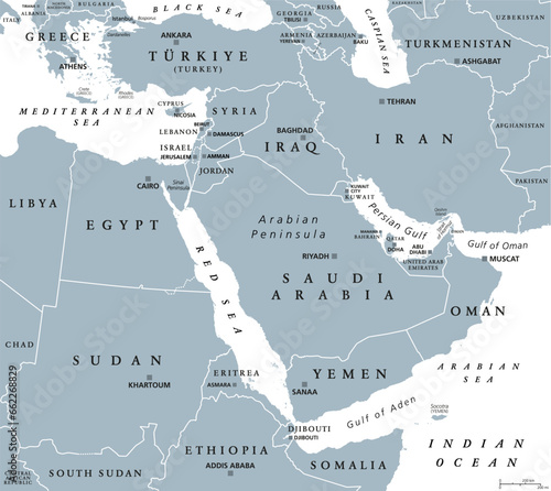 The Middle East, gray political map with capitals and international borders. Geopolitical region encompassing the Arabian Peninsula, the Levant, Turkey, Egypt, Iran and Iraq. Also called Near East.