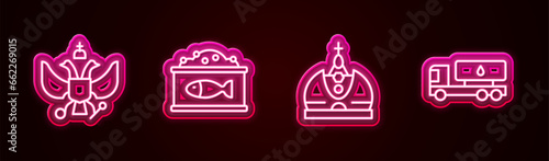 Set line National emblem of Russia, Tin can with caviar, King crown and Tanker truck. Glowing neon icon. Vector
