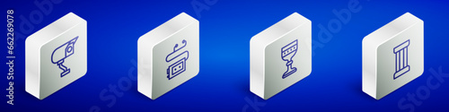 Set Isometric line Security camera, Museum audio guide, Medieval goblet and Ancient column icon. Vector