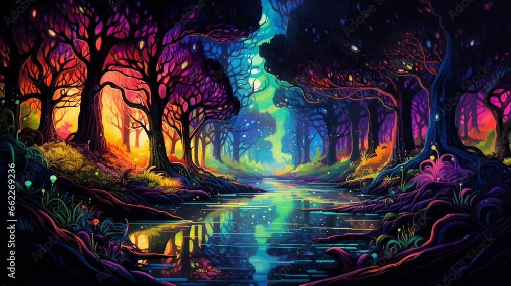 raft a vibrant, otherworldly forest of neon trees and phosphorescent creatures.