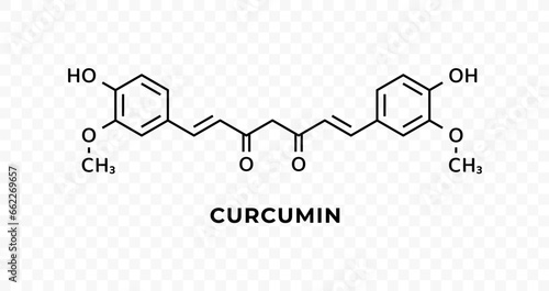 Chemical formula of curcumin turmeric. Vector skeletal structure of curcumin. Supplement, food flavoring and coloring photo