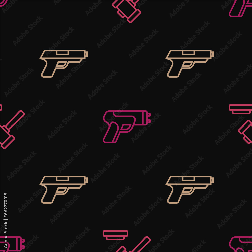 Set line Judge gavel, Pistol or gun and Police electric shocker on seamless pattern. Vector Set line Judge gavel, Pistol or gun and Police electric shocker on seamless pattern. Vector
