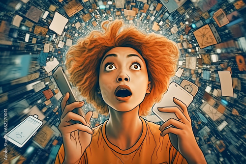 A young woman is holding her phone in shock, various streams of information are flying around her. Information data, too much media,information, maximalism, news, addiction to social networks.