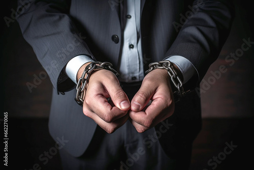 tense hands of businessman, worried about chains, suffering in custody due to suspicious business concept. Concept of tied hands in business, taxes.