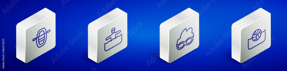 Set Isometric line Boat with oars, Water gymnastics, Glasses for swimming and polo icon. Vector Set Isometric line Boat with oars, Water gymnastics, Glasses for swimming and polo icon. Vector