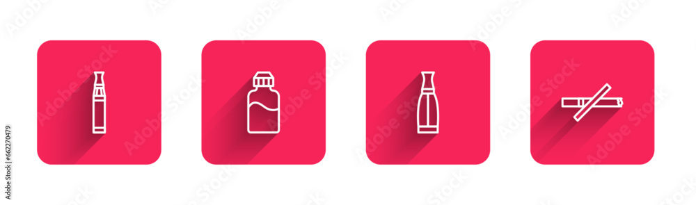Set line Electronic cigarette, Vape liquid bottle, and No smoking with long shadow. Red square button. Vector Set line Electronic cigarette, Vape liquid bottle, and No smoking with long shadow. Red square button. Vector