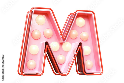 Pink 3D font letter M with bulb lights. High quality 3D rendering.