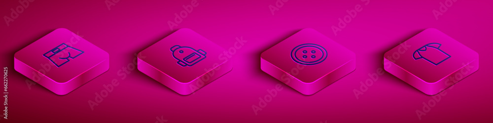 Set Isometric line Men underpants, School backpack, Sewing button for clothes and T-shirt icon. Vector Set Isometric line Men underpants, School backpack, Sewing button for clothes and T-shirt icon. Vector