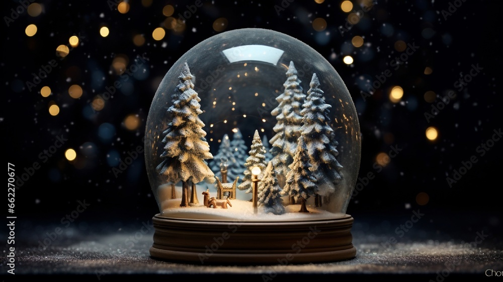 snow globe on a black background and Christmas trees in the glob generated by AI tool - obrazy, fototapety, plakaty 