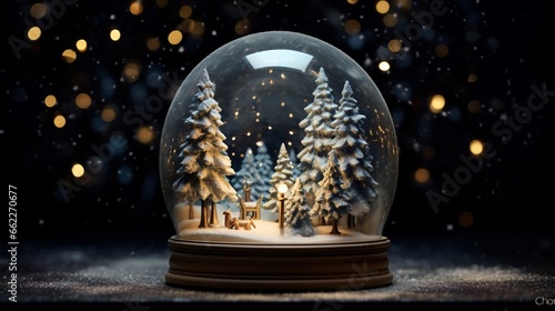 snow globe on a black background and Christmas trees in the glob generated by AI tool photo