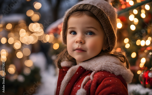 Closeup on a toddler child girl in a Christmas market