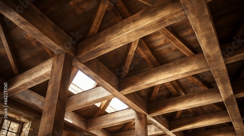 Rustic wooden beams on a cabin ceiling.