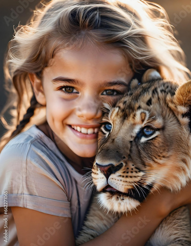 A cute little girl cuddles with a lion cub. generative ai
