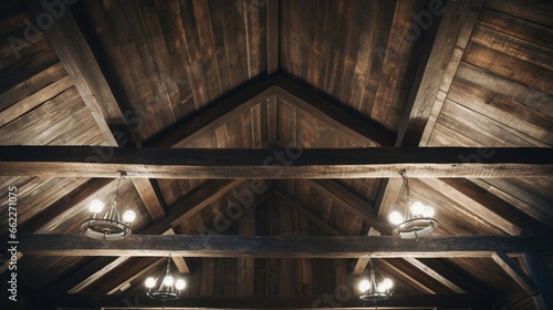 Rustic wooden beams on a cabin ceiling. © Samia