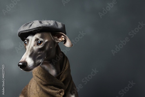 Cute smart Greyhound dog wearing a hat beret and a suit with a vintage camera lying on a dark background photo