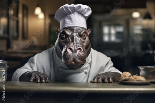 Hippopotamus as a chef cook in a restaurant kitchen. © vlntn