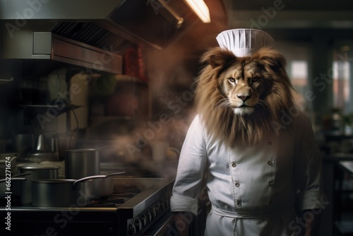 Lion as a chef cook in a restaurant kitchen.