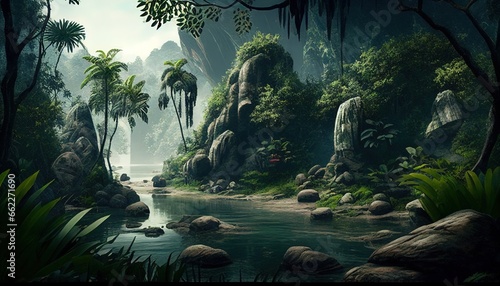 Tropical rainforest with waterfall  river and rock