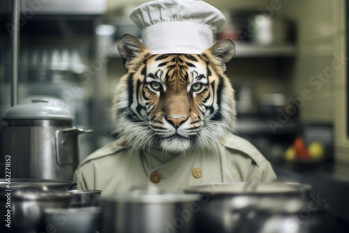 Tiger as a chef cook in a restaurant kitchen.