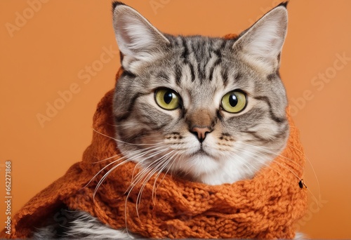 cat in scarf with scarf cat in scarf with scarf a cat with a red scarf on a Gray background. high quality photo © Shubham