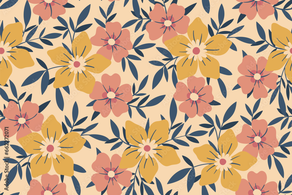 Seamless floral pattern, liberty ditsy print with a delicate vintage motif. Gentle botanical design of fabric, textile: small hand drawn flowers, leaves on a light surface. Vector illustration.