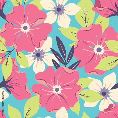 Seamless floral pattern  colorful ditsy print with retro tropical motif. Cute botanical surface design  large hand drawn flowers  leaves  lush foliage on a blue background. Vector illustration.