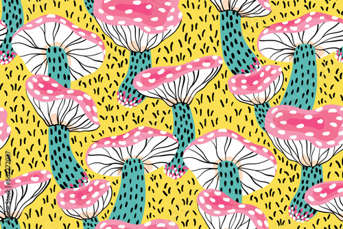 Seamless pattern, repeat texture with trippy crazy mushrooms. Colorful trendy print with doodle drawing fly agarics, bright hand drawn amanita mushrooms on a yellow background. Vector illustration.