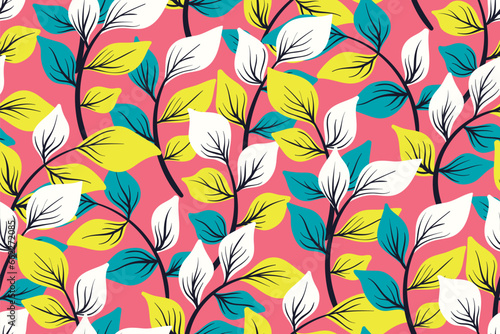 Seamless floral pattern  natural print with bright leaves in retro style. Colorful botanical design with hand drawn foliage on pink background. Trendy graphic texture with plants. Vector illustration.