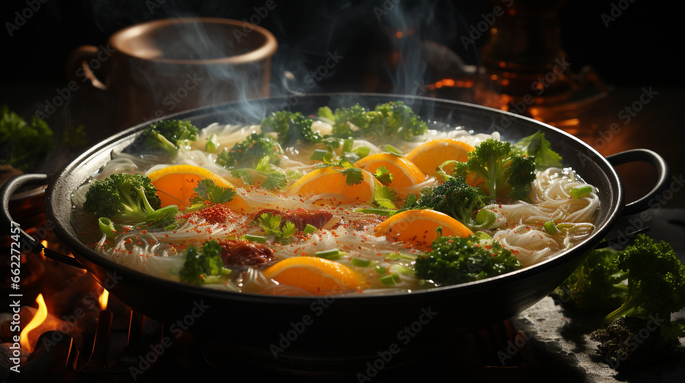 bowl of comforting soup, with steam rising and garnishes on top bowl of comforting soup, with steam rising and garnishes on top
