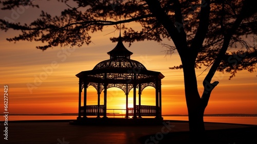 Silhouette of a gazebo at sunset.