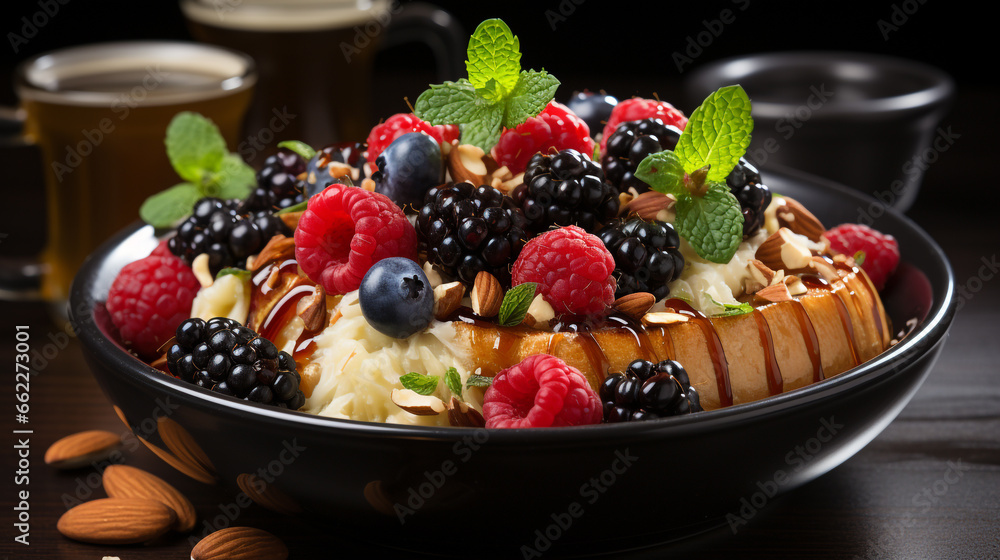 bowl of warm oatmeal, topped with fresh berries, nuts bowl of warm oatmeal, topped with fresh berries, nuts