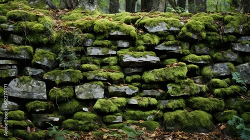 Stacked stone wall with moss and ivy.