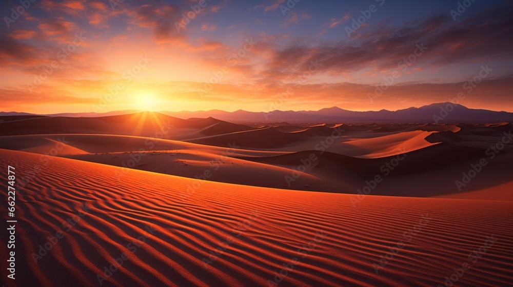Sun setting over a barren desert with sand dunes casting long shadows.
