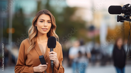 a female TV reporter presenting the news outdoors. Journalism industry, live streaming concept.