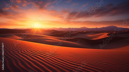 Sun setting over a barren desert with sand dunes casting long shadows. © Samia