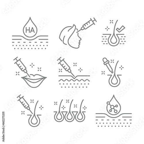 Hyaluronic and Botox shot and therapy, skin care icon set. Filler injection and hair loss treatment icons.