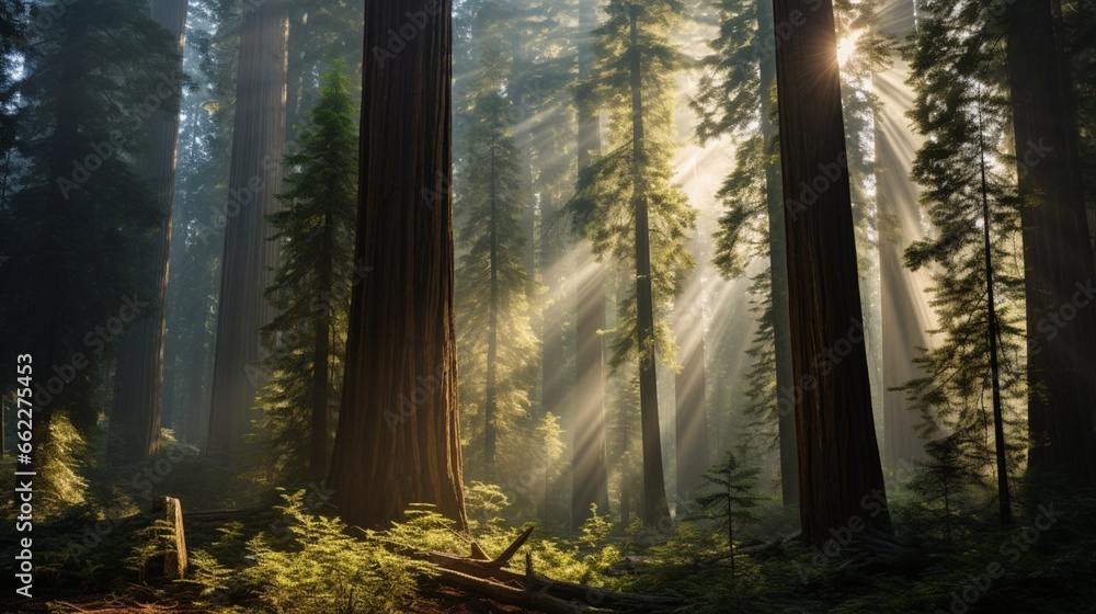 Sunlight filtering through dense sequoia trees