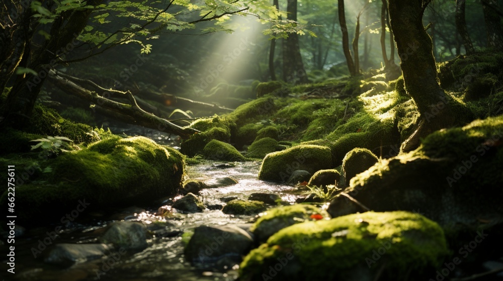 Sunlight filtering through leaves, illuminating patches of moss.