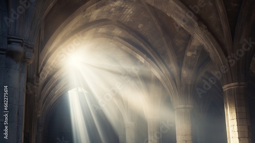 Sunlight streaming through a vaulted ceiling.
