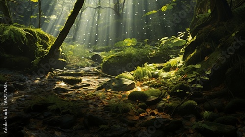Sunlight filtering through leaves  illuminating patches of moss.