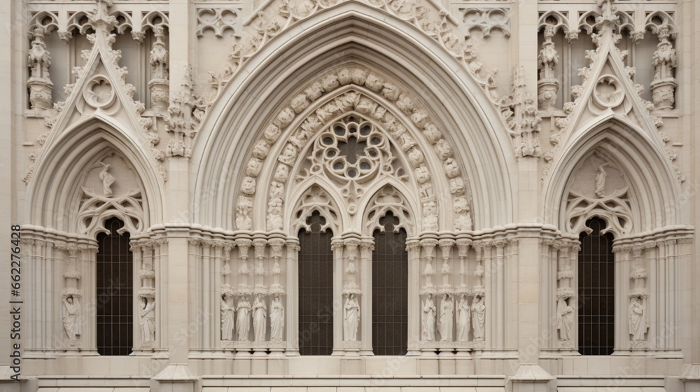 Symmetrical facade of an ornate cathedral.