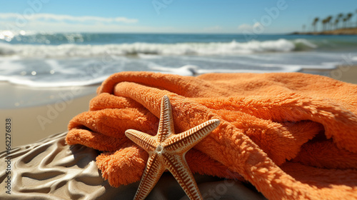 Fake eyelashes on a starfish on a beach towel UHD wallpaper Stock Photographic Image