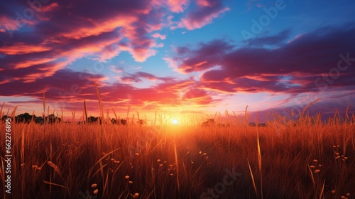 Tall grass swaying in a savanna with a vibrant sunset backdrop.